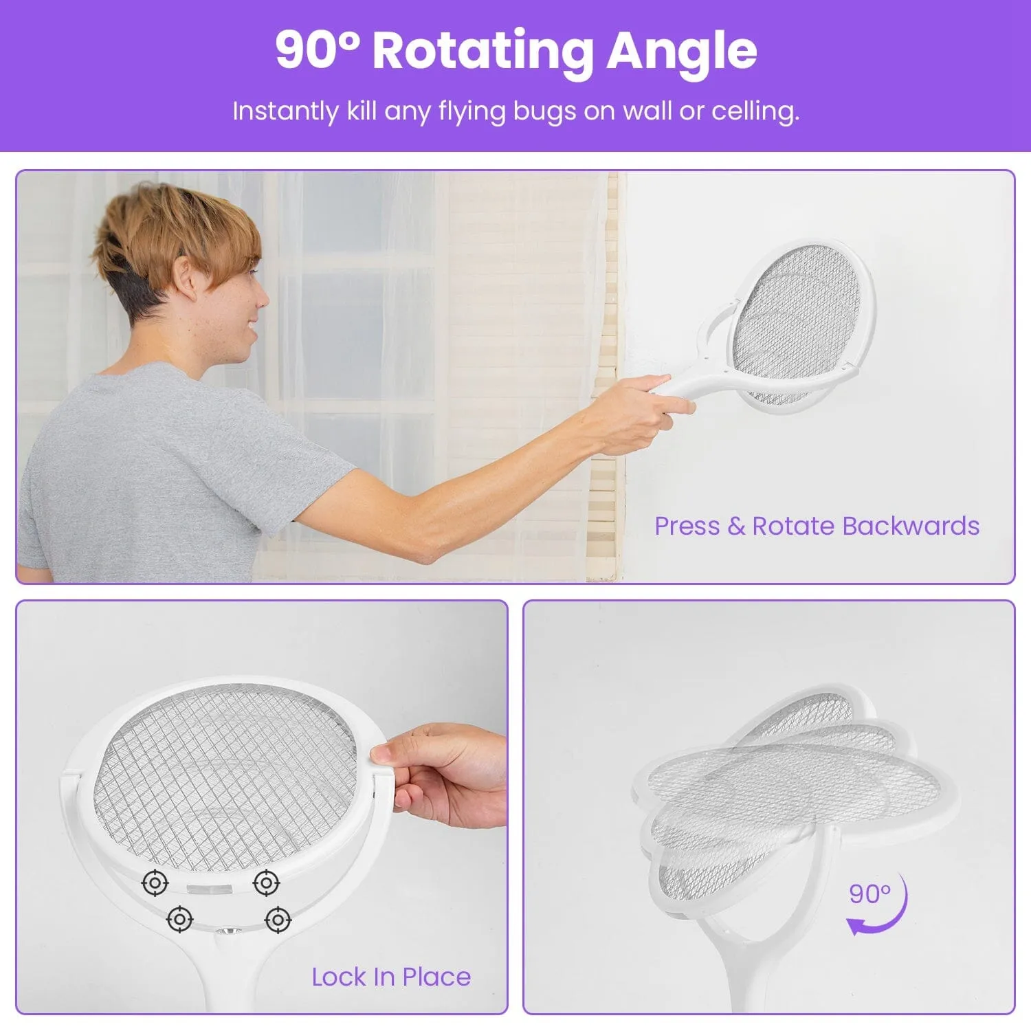 3-in-1 90º Rotating Electric Bug Zapper Racket