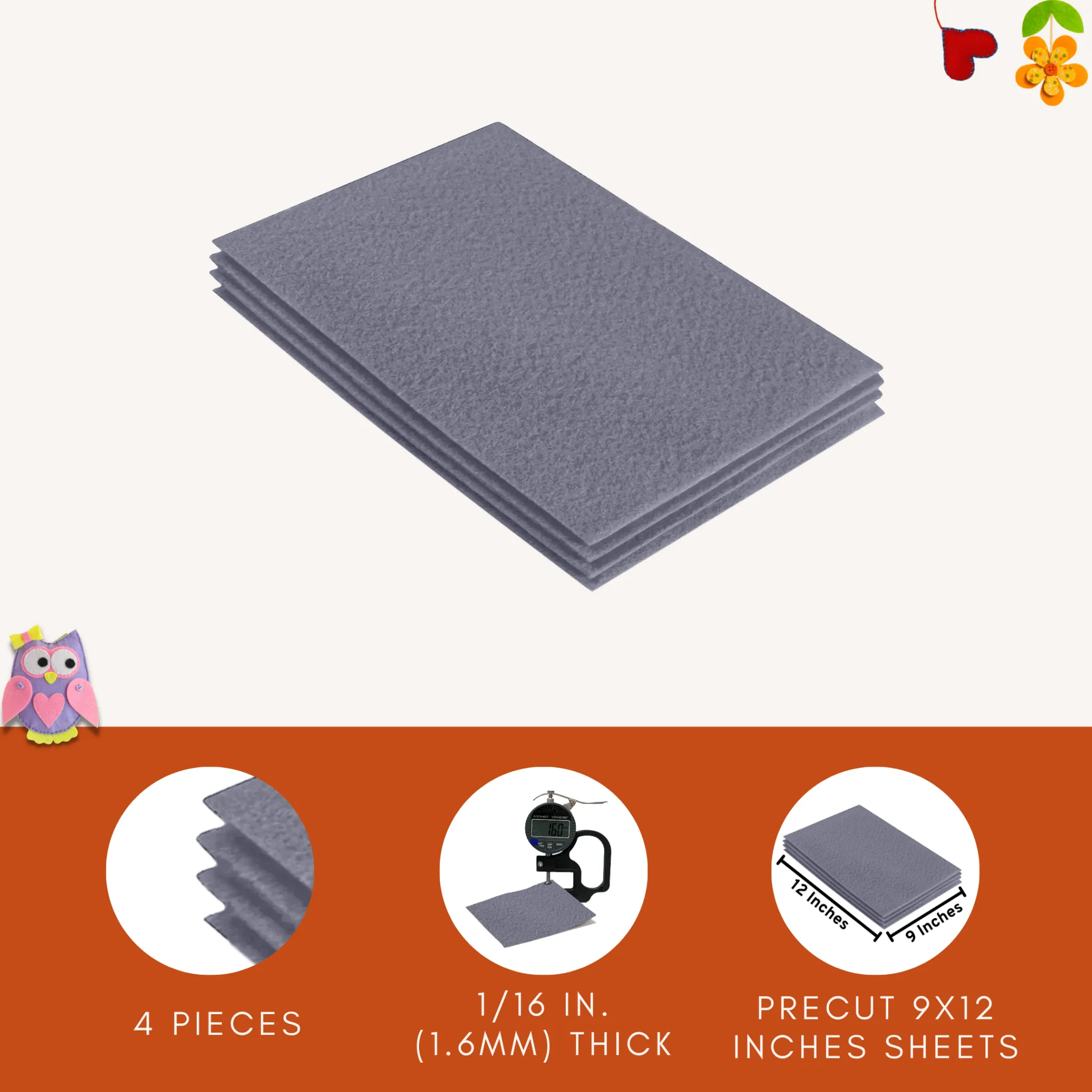 Acrylic Felt 9"X12" Sheet Packs | Grey