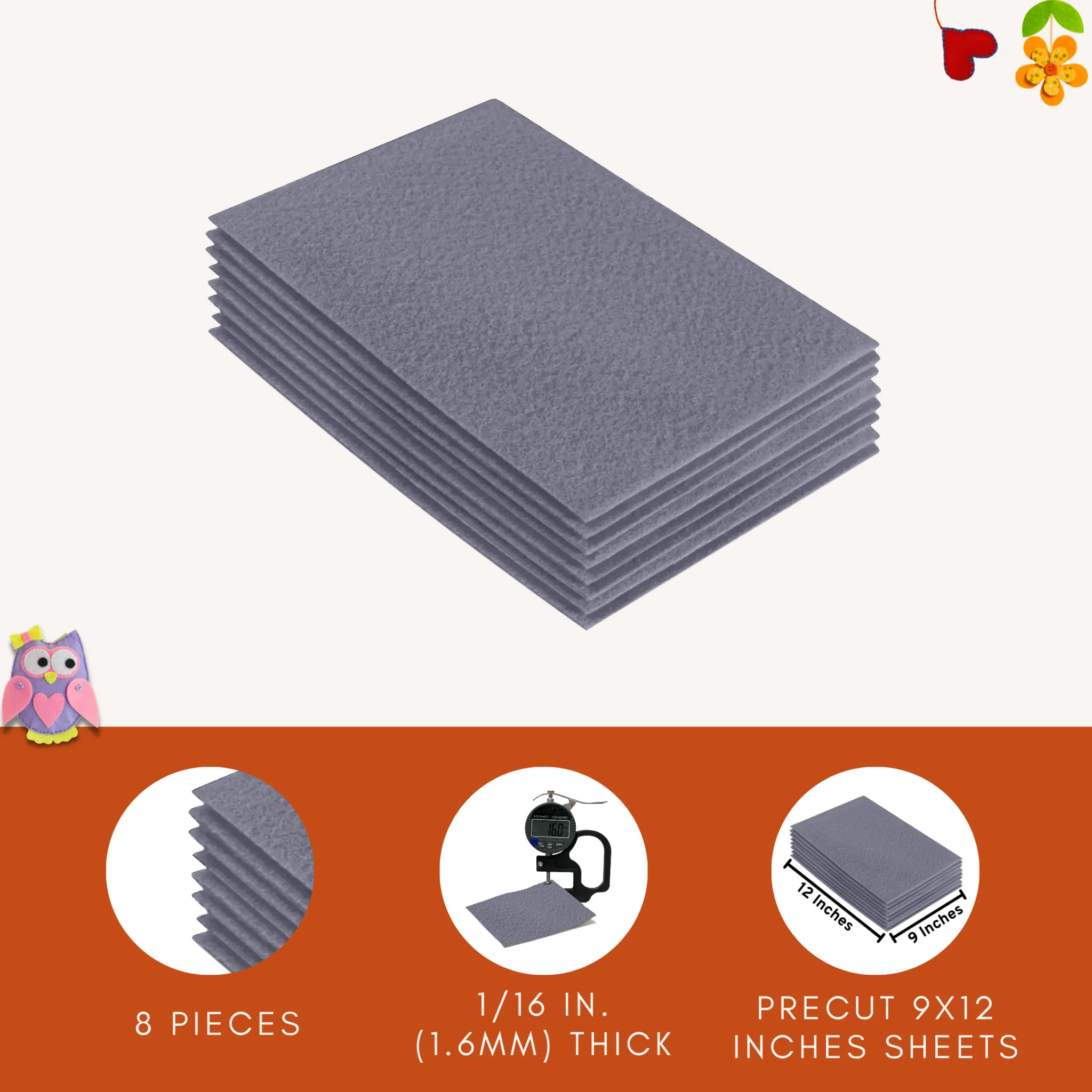 Acrylic Felt 9"X12" Sheet Packs | Grey