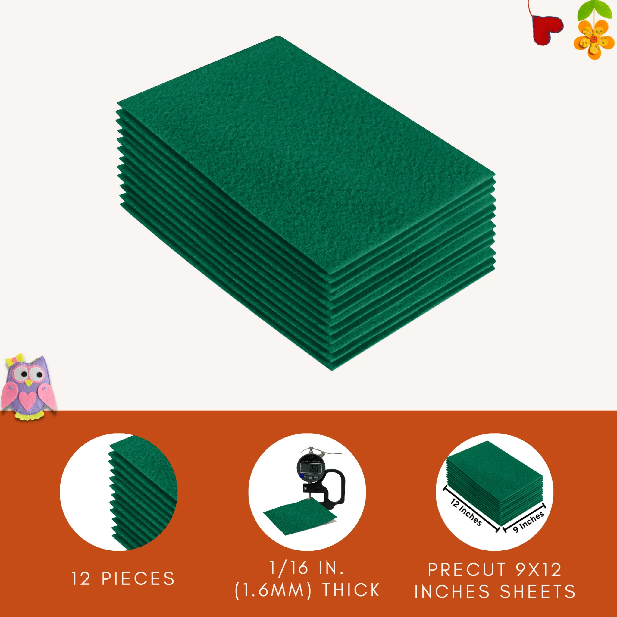 Acrylic Felt 9"X12" Sheet Packs | Kelly Green