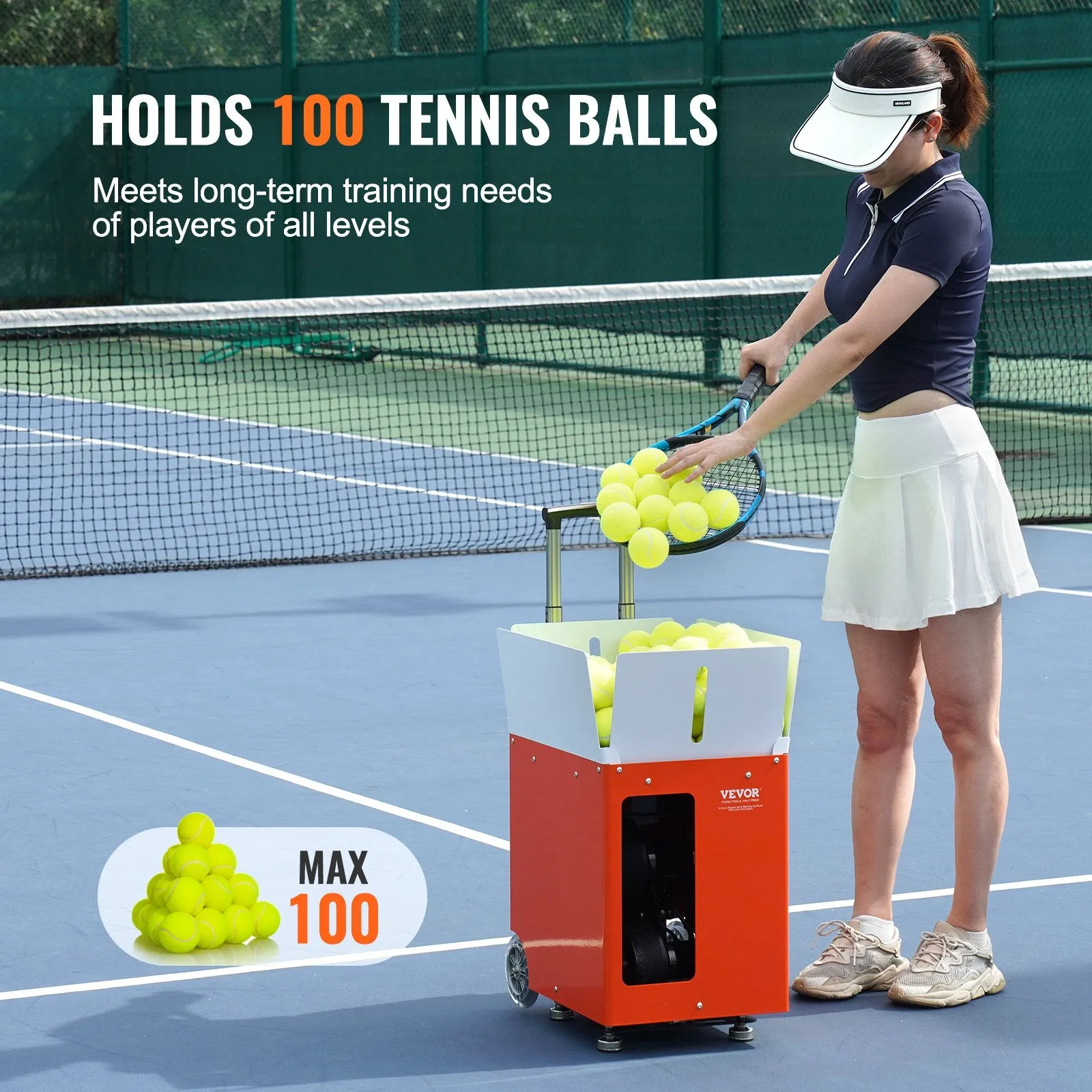 Vevor Tennis Ball Machine Bluetooth App-Controlled 5 Modes 29 Routes 110 km/h 100 Ball Capacity Portable New